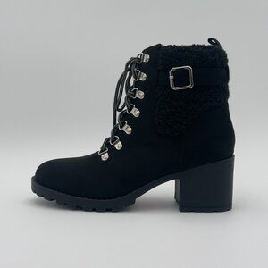 Faux Fur Cuff Lace-Up Ankle Boots - Block Heel, Black